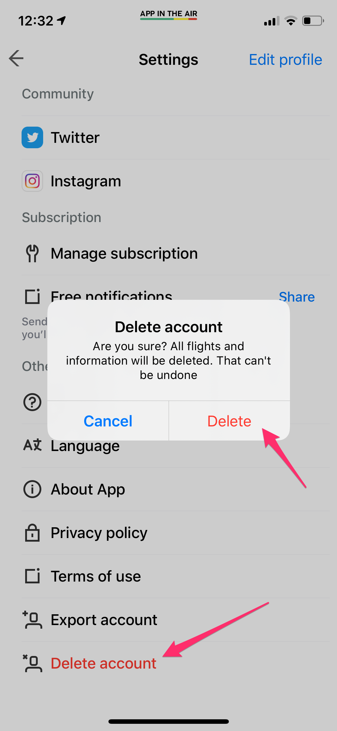 How can I delete my account? – App in the Air